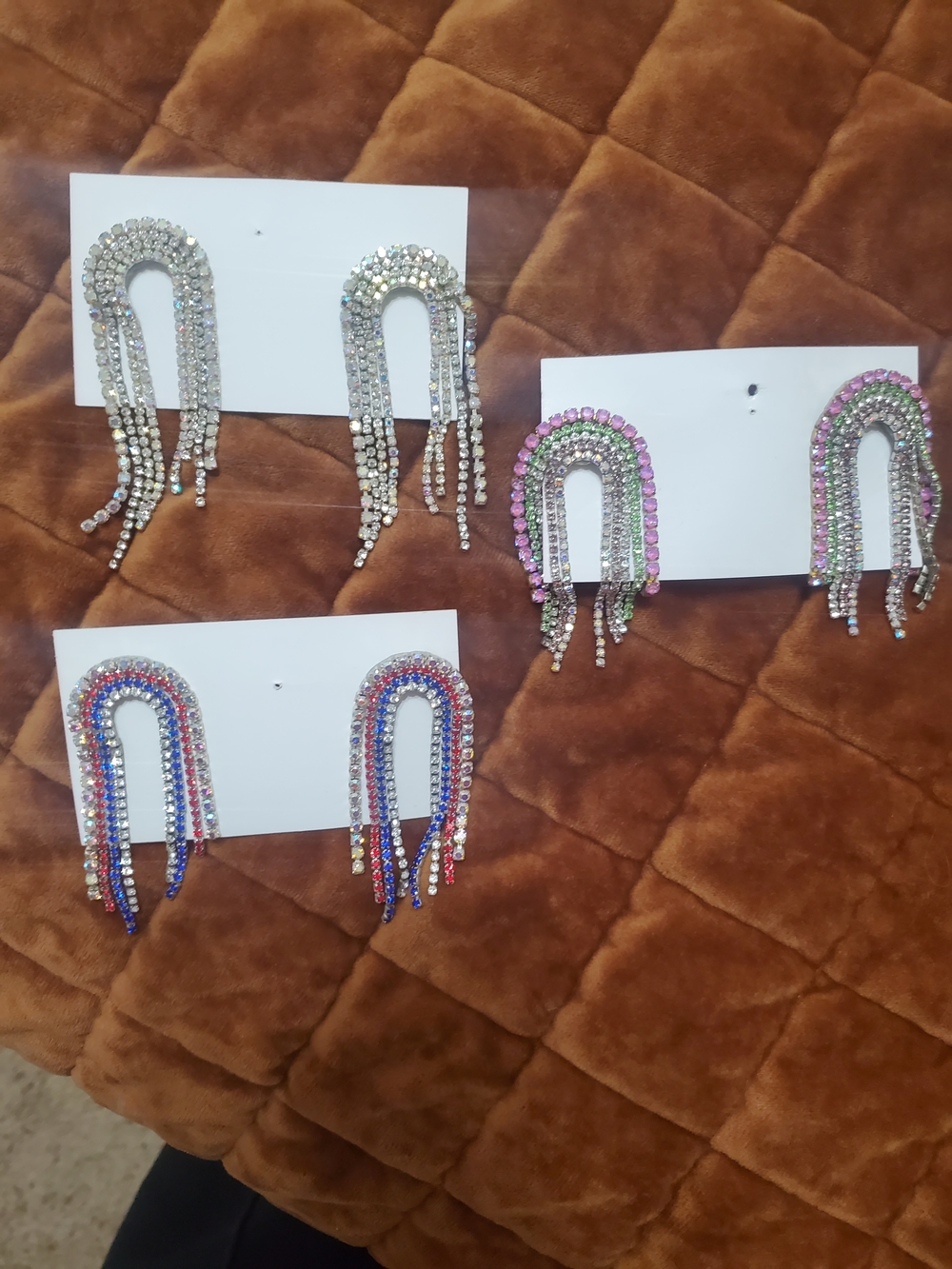 3 Pairs Of Rhinestone Fringe Arch Earrings - Multicolor